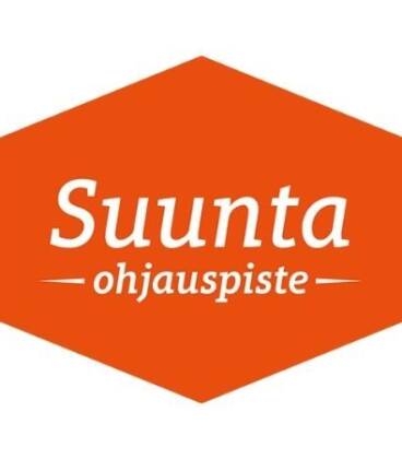 Hexagonal orange logo with the white text “Ohjauspiste Suunta,” featuring a minimalist design.