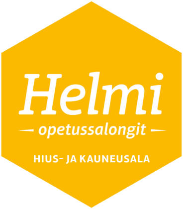 Keltainen kuusikulmio, jonka keskellä lukee valkoisella Helmi - opetussalongit hius- ja kauneusala.