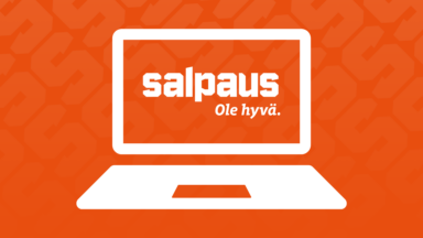 Valkoinen kannettavan tietokoneen kuvake oranssilla kuviollisella taustalla tekstillä Salpaus Ole hyvä. Näkyy näytöllä valkoisena ja oranssina.